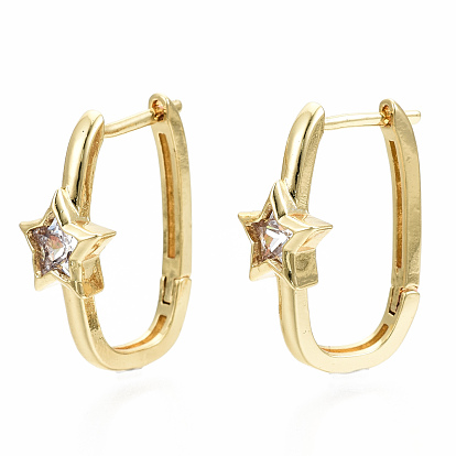 Brass Micro Pave Clear Cubic Zirconia Huggie Hoop Earring, Nickel Free, Oval with Star