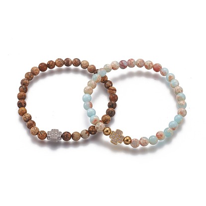 Natural Mixed Gemstone Round Beaded Stretch Bracelets, with Brass Rhinestone Beads and 304 Stainless Steel Beads, Cross