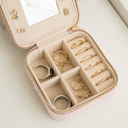 Square Velet Zipper Jewelry Set Boxes, Travel Portable Mirror Jewelry Case, for Necklace Ring Earring Pendant Storage Case