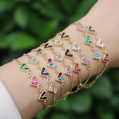 Регулируемые браслеты-слайдеры с цепочкой-коробкой, латунные браслеты-цепочки с микропаве из кубического циркония в форме сердца для женщин, золотые