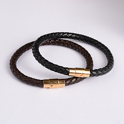 Braided Leather Cord Bracelets, with Golden Plated Stainless Steel Magnetic Clasps, 210mm