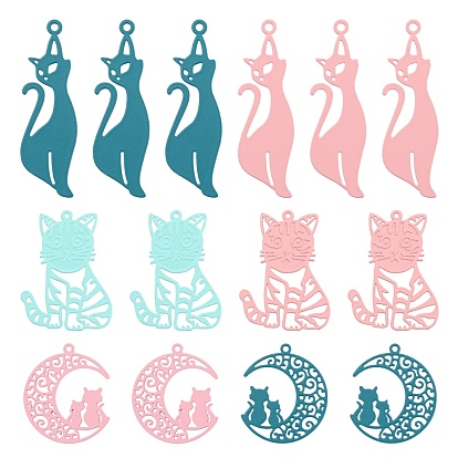 36Pcs 3 Style 430 Stainless Steel Kitten Pendants, Spray Painted, Etched Metal Embellishments, Mixed ShapesSilhouette Shape