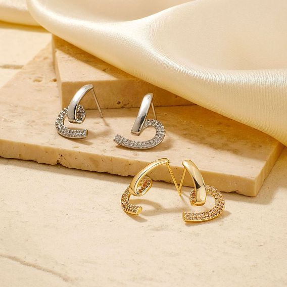 Модные изысканные серьги-гвоздики из латуни с микропаве из прозрачных кубических цирконий, универсальный и элегантный