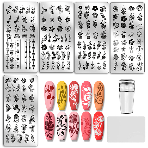 1шаблоны изображений для дизайна ногтей из пластика, с силиконовой печатью и скребком, с шаблонами для нейл-арта из нержавеющей стали