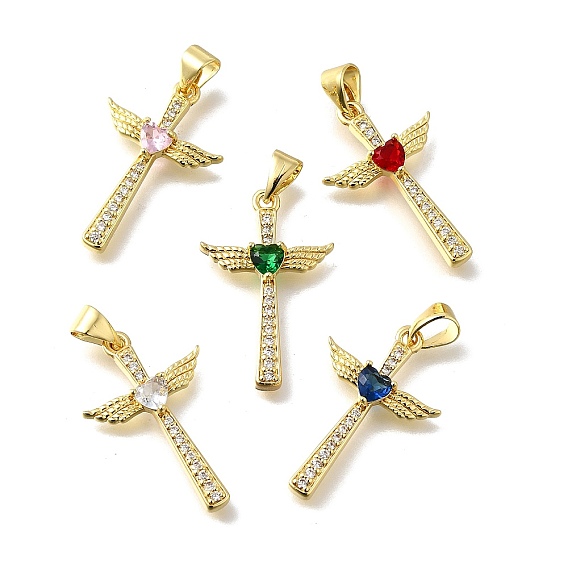 Латунные микро проложить кубического циркония подвески, подвески крест, крыло и сердце, реальный 18 k позолоченный, стойки покрытие, долговечный, без свинца и без кадмия