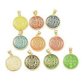 Rack Plating Brass Enamel Pendants, Long-Lasting Plated, Lead Free & Cadmium Free, Flat Round with Cssml Ndsmd Cross God Father/Saint Benedict Charm, Real 18K Gold Plated