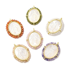 Rack Plating Brass Micro Pave Cubic Zirconia & Shell Pendants, Long-Lasting Plated, Cadmium Free & Lead Free, Real 18K Gold Plated, Oval with Virgin Mary Pattern Charms