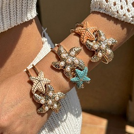 Ocean Alloy Enamel Starfish Hinged Cuff Bangles for Women, with Plastic Pearl, Golden