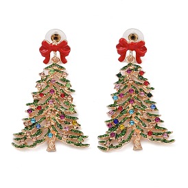 Женские висячие серьги-пусеты из сплава «Рождественская елка» с бантиком и разноцветными стразами и эмалью
