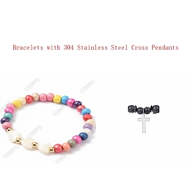 Natural Trochid Shell Beads Stretch Bracelets, with 304 Stainless Steel Cross Pendants