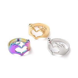 304 Stainless Steel Hand Heart Open Cuff Ring for Women