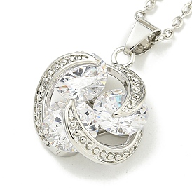 304 Stainless Steel Cable Chain Necklaces, Brass Clear Cubic Zirconia Flower Pendant Necklaces