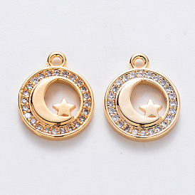 Brass Micro Pave Cubic Zirconia Charms, Nickel Free, Flat Round with Moon and Star, Real 18K Gold Plated