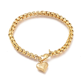 304 Stainless Steel Charm Bracelets, for Valentine's Day, with Box Chains and Lobster Claw Clasps, Heart with Word Love
