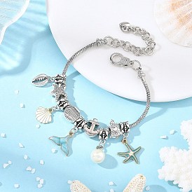 Pulseras de latón oceánico estilo europeo, Pulseras de aleación esmaltada con dijes de concha, cola de pez y estrella de mar para mujer, blanco y azul