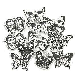 Halloween Theme Alloy Enamel Pendants, Butterfly with Skull Charm