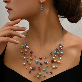 Bohemian Ethnic Style Alloy & Plastic Pearl & Glass Round Beaded Multilayer Necklaces & Dangle Earrings Sets, Platinum