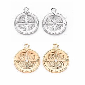 Brass Micro Pave Clear Cubic Zirconia Pendants, Nickel Free, Flat Round with Star