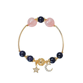Bracelet jonc perlé rond en pierre naturelle mélangée avec breloques étoile et lune pour femme