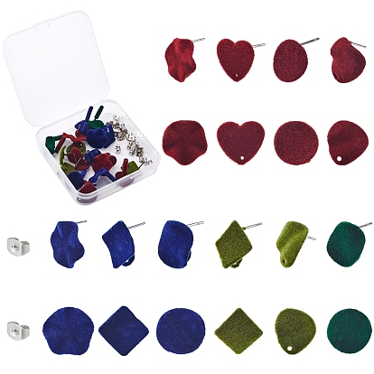 Flocky Iron Stud Earring Findings, with Brass Ear Nuts, Mixed Shapes