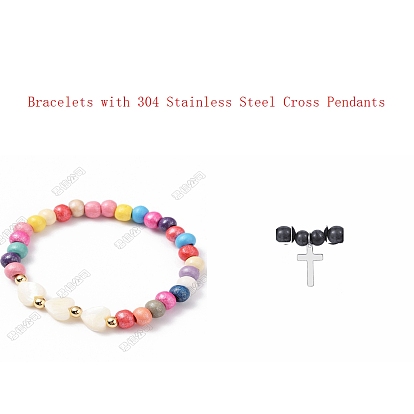 Natural Trochid Shell Beads Stretch Bracelets, with 304 Stainless Steel Cross Pendants