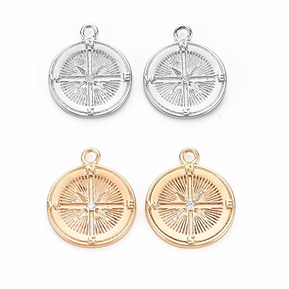 Brass Micro Pave Clear Cubic Zirconia Pendants, Nickel Free, Flat Round with Star