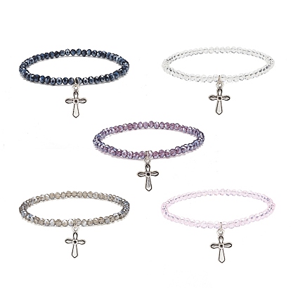 Glass Round Beaded Stretch Bracelet with Alloy Cross Charm for Women