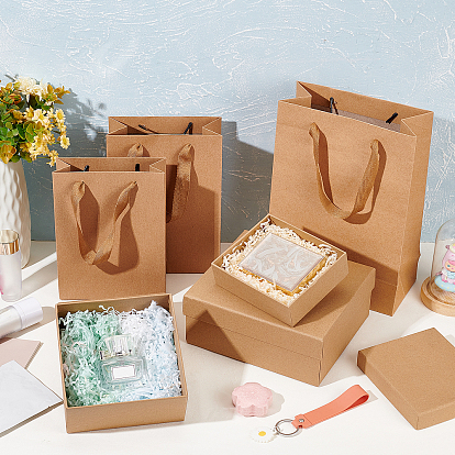 BENECREAT 6Pcs 6 Style Rectangle Kraft Paper Bag with Handle, Jewelry Packaging, with Square Paper Gift Boxes, Immortal Flower Box, Wedding Party Favors Wrapping