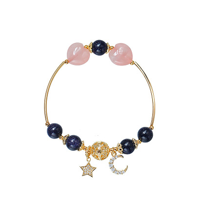 Natural Mixed Stone Round Beaded Bangle with Star & Moon Charms for Women