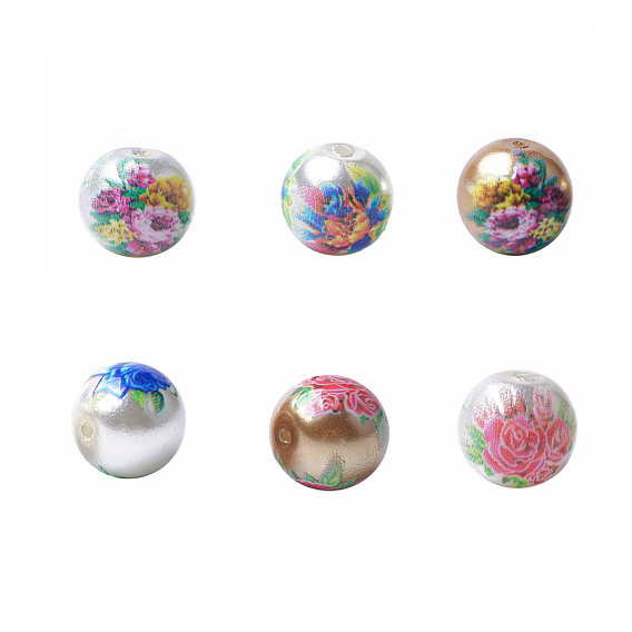Printed & Spray Painted Imitation Pearl Glass Beads, Round with Flower Pattern