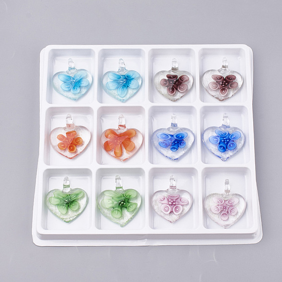 Luminous Handmade Lampwork Pendants, Inner Flower, Heart