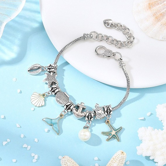 Ocean Brass European Style Bracelets, Alloy Enamel Shell Fish Tail Starfish Charm Bracelets for Women, White and Blue