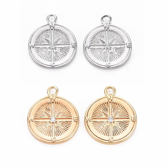 Brass Micro Pave Clear Cubic Zirconia Pendants, Nickel Free, Flat Round with Star