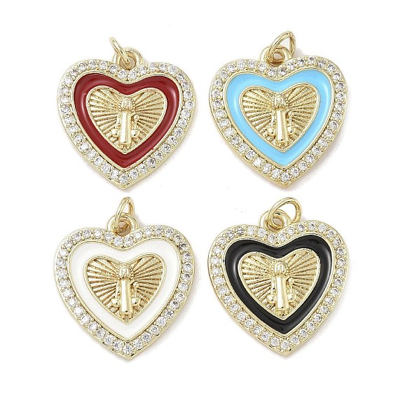 Латунные микро проложить кубического циркония подвески, сердце со святым бенедиктом, с эмалью, стойки покрытие, долговечный, без свинца и без кадмия, реальный 18 k позолоченный, с целью перехода в кольце