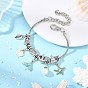 Ocean Brass European Style Bracelets, Alloy Enamel Shell Fish Tail Starfish Charm Bracelets for Women, White and Blue