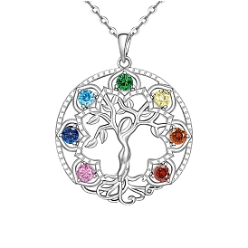 Micro Pave Cubic Zirconia Pendant Necklaces, Tree of Life with Yoga Chakra Healing, Platinum