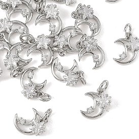 SHEGRACE Brass Micro Pave Clear Cubic Zirconia Charms, Moon with Star Charms, Cadmium Free & Lead Free & Nickel Free