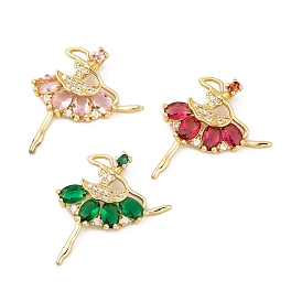 Brass Micro Pave Cubic Zirconia Pendants, with Glass, Real 18K Gold Plated Dancer Charms
