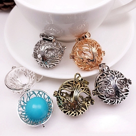 Brass Hollow Round with Tree of Life Cage Pendants, For Chime Ball Pendant Necklaces Making