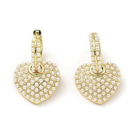 Rack Plating Brass Heart Dangle Hoop Earrings, with Plastic Pearl Beads, Long-Lasting Plated, Lead Free & Cadmium Free