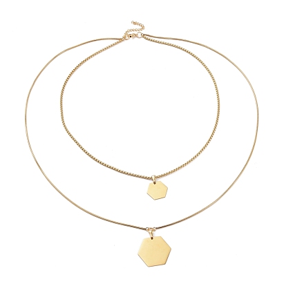 304 Stainless Steel Double Layer Necklaces, with Box Chains & Snake Chains, Hexagon