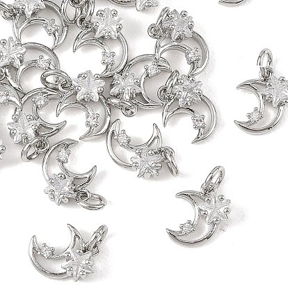 SHEGRACE Brass Micro Pave Clear Cubic Zirconia Charms, Moon with Star Charms, Cadmium Free & Lead Free & Nickel Free