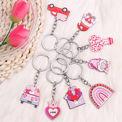 Valentine's Day Themed Acrylic Keychains, with Stainless Steel Finding, Car/Heart/Letter/Rainbow/Gnome