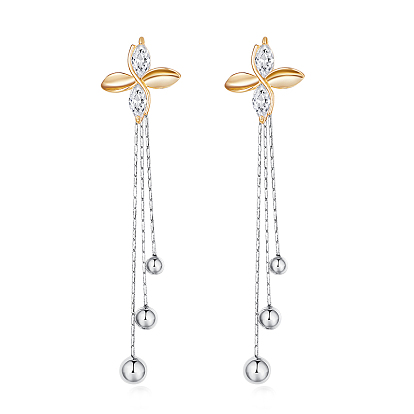 Brass Micro Pave Cubic Zirconia Dangle Stud Earring, Cadmium Free & Lead Free & Nickel Free, Flower