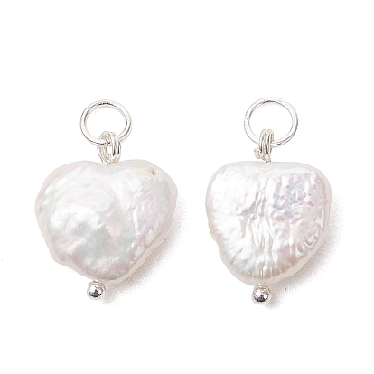 Подвески из натурального барочного жемчуга кеши, Подвески в форме сердца с фурнитурой из латуни и нержавеющей стали., цветочный белый