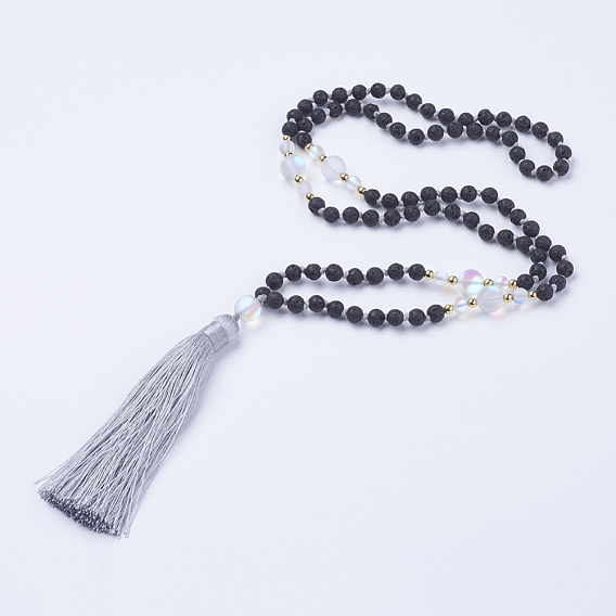 Nylon Tassel Pendant Necklaces, Natural Lava Rock and Synthetic Frosted Moonstone Beads, with Burlap Paking Pouches Drawstring Bags, Golden