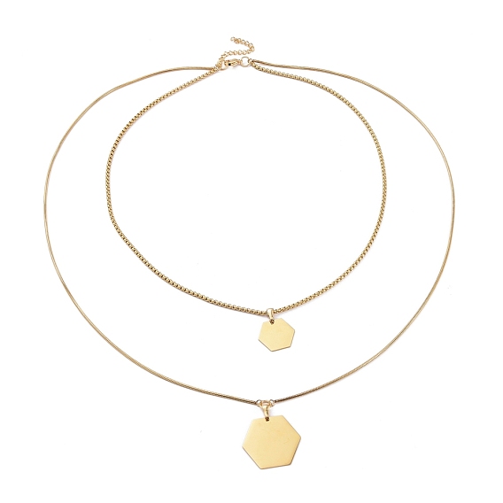304 Stainless Steel Double Layer Necklaces, with Box Chains & Snake Chains, Hexagon