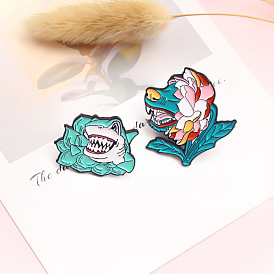 Fierce Wolf and Shark Flower Pin: Trendy Oil Brooch for Fashionable Outfits