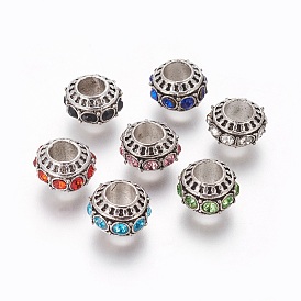  Perles européennes en alliage de style tibétain, avec strass, Perles avec un grand trou   , rondelle