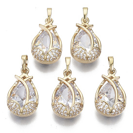 Brass Micro Cubic Zirconia Pendants, with Glass and Brass Snap on Bails, Teardrop, Light Gold